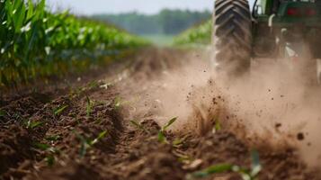 dentro a primeiro plano uma fechar-se do uma trator aração a terra com uma nuvem do poeira Seguindo atrás. dentro a fundo uma exuberante verde campo do milho carrinhos alta em torno da a agricultor trabalhando foto