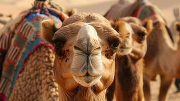 uma rebanho do camelos ser usava Como uma fonte do transporte e trabalho dentro uma biocombustível Produção local localizado dentro a árido região. a usar do esses resiliente animais que estão Bem adaptado foto