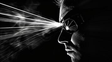 dentro a artístico Preto e branco imagem uma super-herói silhueta do a optometrista é mostrando usando uma tipo laser dispositivo para eliminar uma ameaçador olho doença. a imagem transmite a poderoso foto