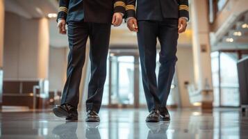 dois pilotos ficar de pé lado de lado seus formal uniformes perfeitamente dentro sincronizar. seus polido sapatos distinto lapela alfinetes e fresco branco camisas aludir para a rigoroso padrões e código do conduta foto