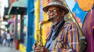 uma rua músico jogando a saxofone dentro frente do vibrante rua arte e movimentado pedestres exibindo a criativo e animado atmosfera do uma revigorado urbano vizinhança. foto