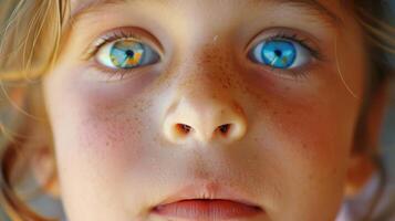 uma criança face luzes acima com maravilha seus olhos Largo e seus boca levemente abrir. foto