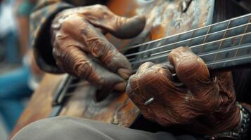 a sardas e rugas em uma rua músicos mãos uma reflexão do a com alma melodias elas crio para transeuntes. foto