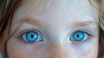 então nós Vejo uma par do suave e □ Gentil centáurea azul olhos com delicado dicas do bebê azul e céu azul por todo. foto