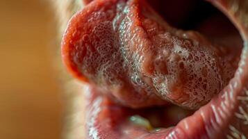 uma língua rolando e torção dentro a boca exibindo Está versátil e complexo textura. foto