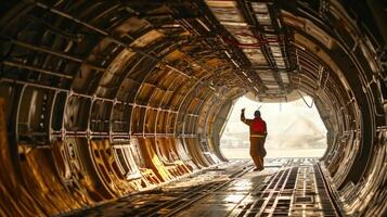 a mecânico dando uma polegares acima a partir de dentro a avião depois de com sucesso completando uma reparar trabalho. foto