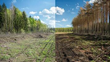 uma antes e depois comparação imagem mostrando a efeitos do carbono sequestro através reflorestamento com uma descrição do quão plantio árvores ajuda reduzir carbono emissões. foto
