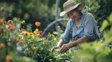 uma pacífico jardim cena com uma mulher cuidando para uma linha do vibrante plantas e flores cuidadosamente colheita eles para medicinal usar foto