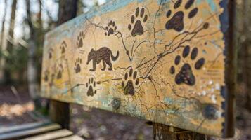 uma placa com uma mapa do a trilha e vários animal pegadas pintado em isto foto