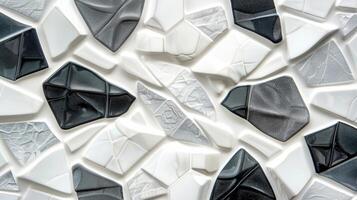 uma texturizado Visão do a irregularmente em forma envidraçado cerâmico telha exibindo uma lustroso branco base com elevado geométrico padrões dentro tons do cinzento e carvão foto