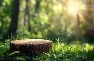 árvore toco dentro uma exuberante verde floresta em uma ensolarado dia foto