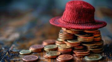 vermelho fedora em repouso em pilha do ouro moedas em de madeira superfície foto