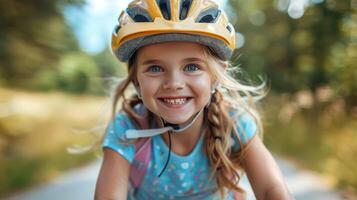 jovem menina equitação bicicleta dentro floresta durante verão foto