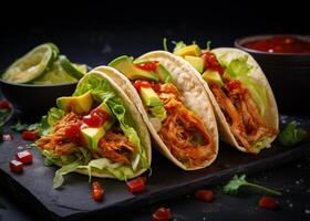 três delicioso puxado carne de porco tacos com abacate, vermelho cebola, e coentro foto