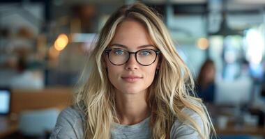 mulher com Loiras cabelo vestindo óculos dentro uma cafeteria foto