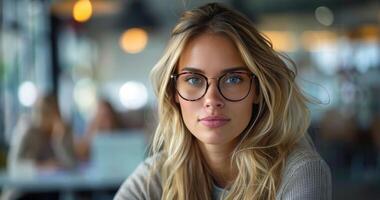 mulher com Loiras cabelo vestindo óculos dentro uma cafeteria foto