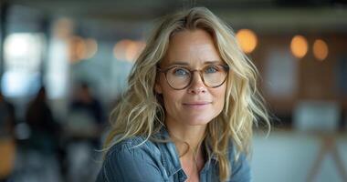 mulher com Loiras cabelo vestindo óculos dentro uma cafeteria foto