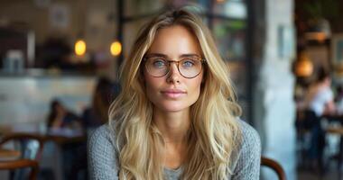 mulher com Loiras cabelo e óculos sentado dentro uma café fazer compras foto