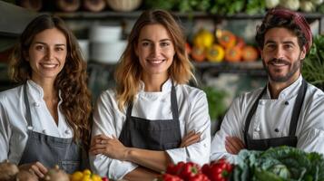 sorridente chefe de cozinha dentro branco uniforme dentro uma restaurante cozinha foto