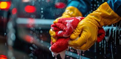 uma com luva mão limpeza uma carro janela com uma vermelho esponja às noite foto