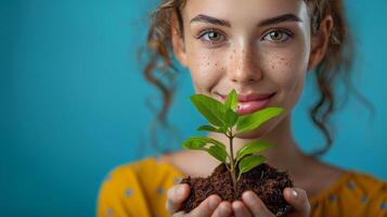 jovem mulher detém verde plantar contra azul fundo foto