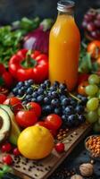 fresco fruta e vegetal arranjo em de madeira corte borda foto