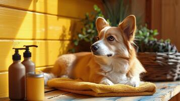 uma relaxante tarde para uma cachorro em uma de madeira Banco dentro luz solar foto