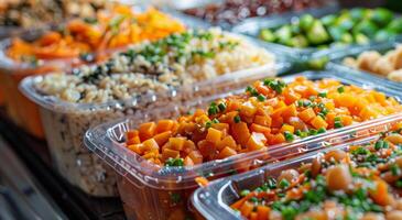 preparado Comida exibição apresentando picado cenouras e arroz dentro Claro plástico containers foto