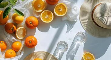 laranjas, copos, e Palha chapéu em mesa foto