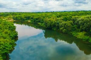 tirar o fôlego panorama uma lindo rio ventos através encantador ar e exuberante árvores, oferta uma sereno e pitoresco fuga para dentro da natureza tranquilo e verdejante abraço foto