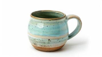 feito à mão cerâmico café caneca dentro pastel azul e verde, isolado em uma branco fundo foto