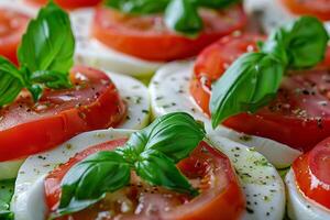caprese salada com tomate, mussarela, e manjericão, fechar acima com foco em a estratificação e cores foto