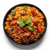 Largo ângulo tiro do nigeriano jollof arroz com tomates e especiarias isolado em branco fundo foto