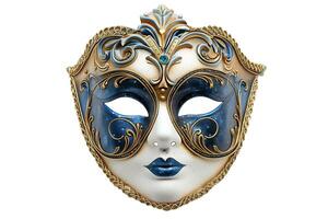 elegante veneziano mascarar com intrincado azul e ouro desenhos, isolado em uma branco fundo, relacionado para mascarada bolas e carnaval do Veneza foto