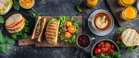 mesa conjunto com pratos do Comida e suco copos foto