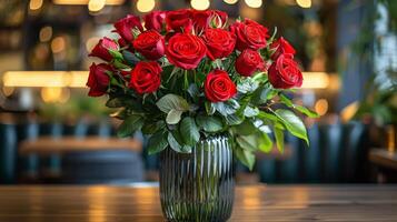 vaso preenchidas com vermelho rosas em topo do mesa foto