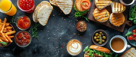 mesa conjunto com pratos do Comida e suco copos foto