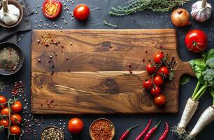 rústico de madeira corte borda cercado de fresco legumes e especiarias foto