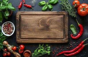 rústico de madeira corte borda cercado de fresco legumes e especiarias foto