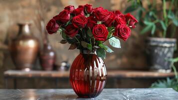vaso preenchidas com vermelho rosas em topo do mesa foto