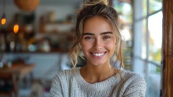 mulher com grandes cabelo sorridente às Câmera foto