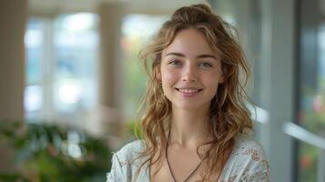 mulher com grandes cabelo sorridente às Câmera foto