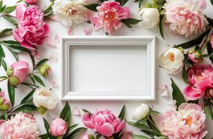 branco quadro, Armação cercado de Rosa e branco flores foto