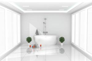 interior do quarto bonito e luminoso - banheiro branco moderno - sala branca do conceito vazio. Renderização 3d foto