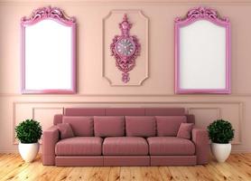 interior de quarto de luxo vazio com sofá-de-rosa na parede-de-rosa da sala no piso de madeira. Renderização 3d foto