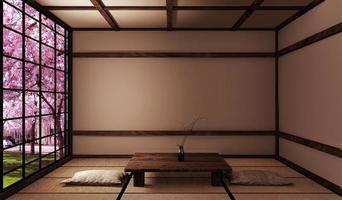 sala de estar com mesa baixa em tatame e janela com vista para a árvore sakura, estilo japonês. Rednering 3D foto
