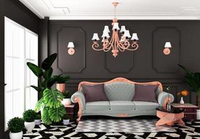 estilo clássico de luxo de vida interior, decoração de parede marrom em ladrilhos de granito, renderização em 3D