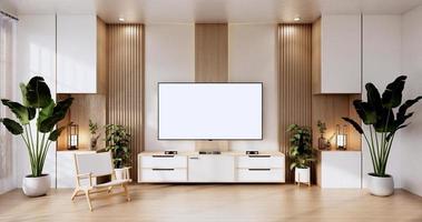 gabinete de design de exibição de madeira na sala de estar minimalista japonesa sala interior, renderização em 3D foto