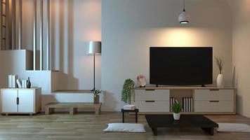 sala de estar interior em estilo zen com smart tv e decoração em estilo japonês. Renderização 3d foto