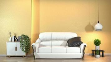 interior zen moderno com sofá e plantas verdes, lâmpada, decoração em estilo japonês na luz oculta do projeto da parede amarela. Renderização 3d foto